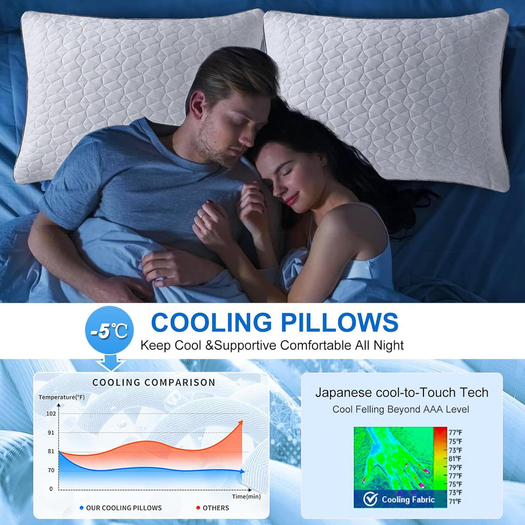 Skiennix Cooling Pillows | Queen Size Set of 2 | Shredded Memory Foam for Hot Sleepers | 20" x 30", White