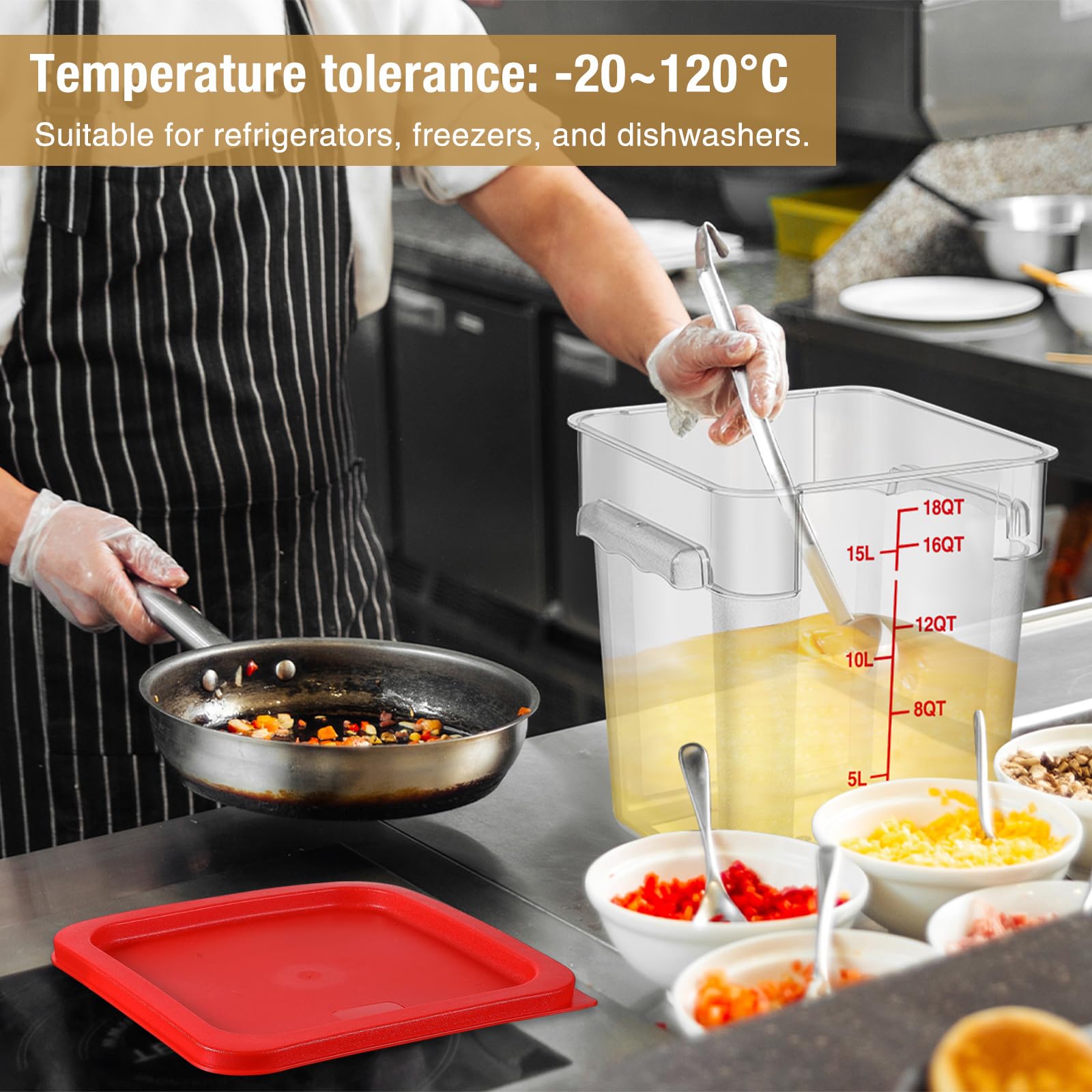 Suclain 2 Pcs Square Food Storage Container Polycarbonate Clear Food Container with Lid Commercial Rice Storage with Graduations for Commercial Kitchen(18 Qt,Red)