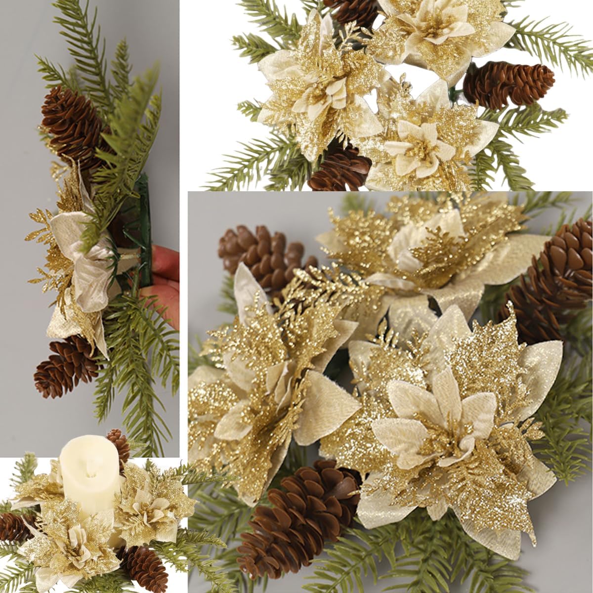 Regine Switzerland Christmas Candle Ring Wreath - Gold Glitter Poinsettia & Pinecone Decoration for Holiday Tables