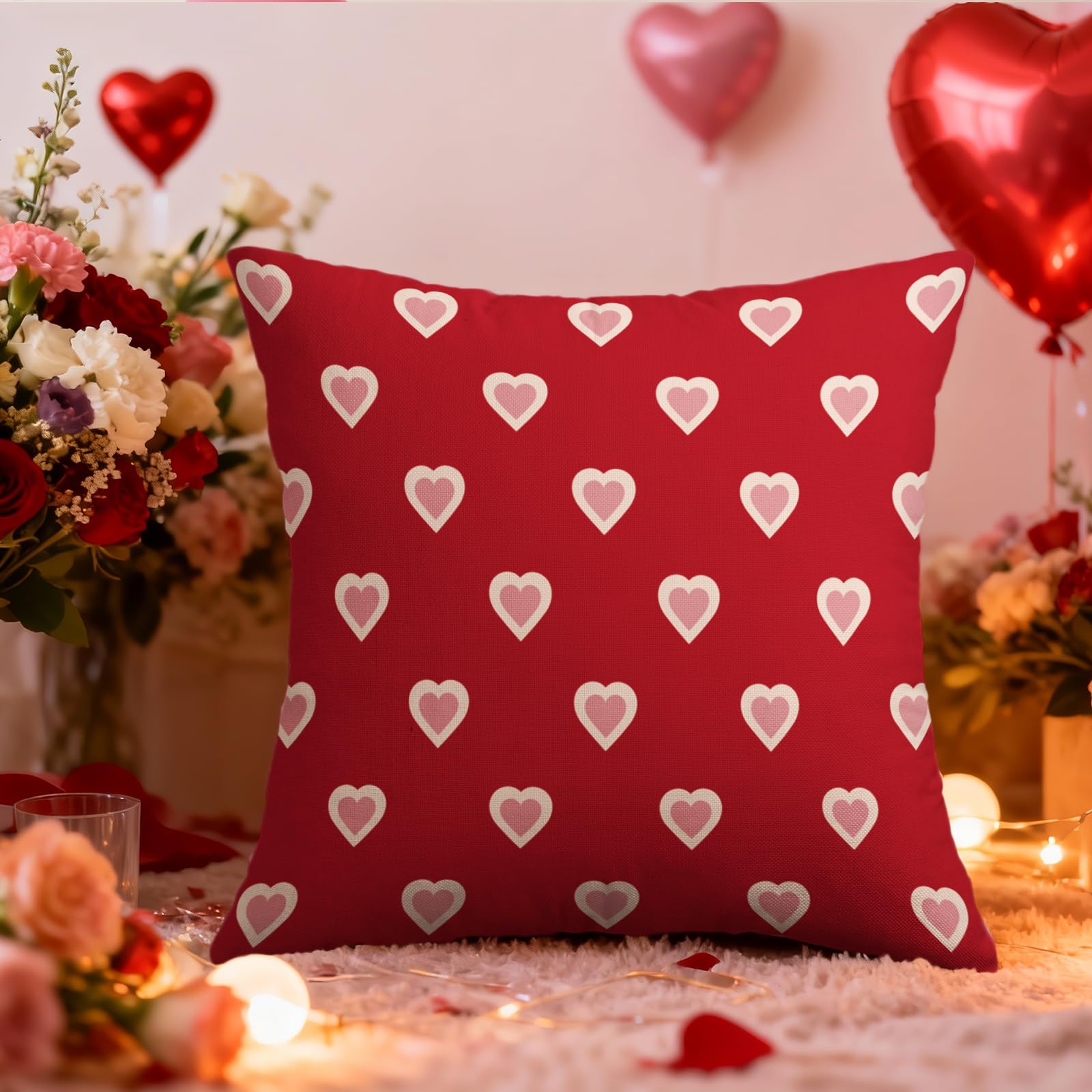Valentines Day Pillow Covers 18X18 Set of 2, Red Pink Valentine's Print Decorative Throw Pillow Covers Outdoor Farmhouse Holiday Anniversary Wedding Decorations Cushion Case Couch Sofa Bed Decor