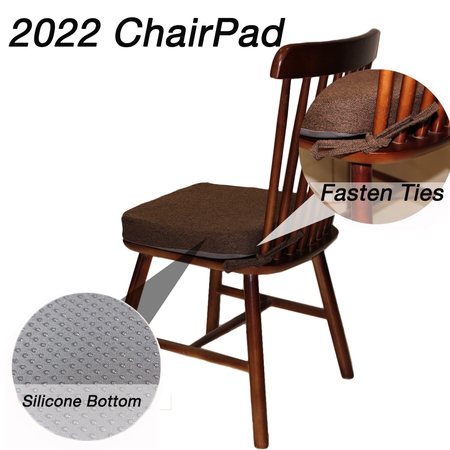 ZYHOONE Chair Cushion with Ties for Kitchen Chair - Thick Memory Foam Indoor Seat pad,Dining Room Cushion with Machine Washable Cover [15 X 15 X 2 Inches] - (Dark Brown,4)
