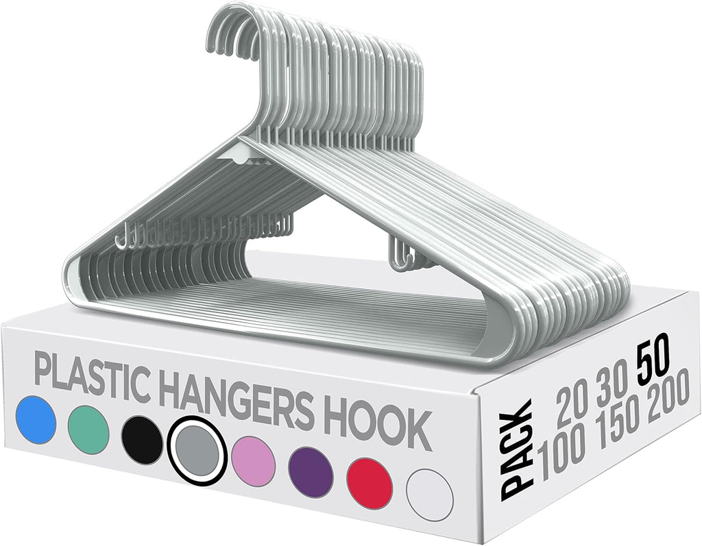 Utopia Home Plastic Hangers 50 Pack - Durable Space-Saving Clothes Organizers - Essential for Shirts, Pants & Coats (Grey)