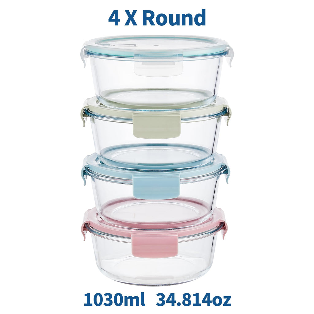 Wancilock 8 Pcs Round Glass Containers with Lids Airtight 4 Cup Glass Storage Containers Set Meal Prep Containers for Soup Leftover Microwave, Dishwasher, and Freezer Safe(4 Sets