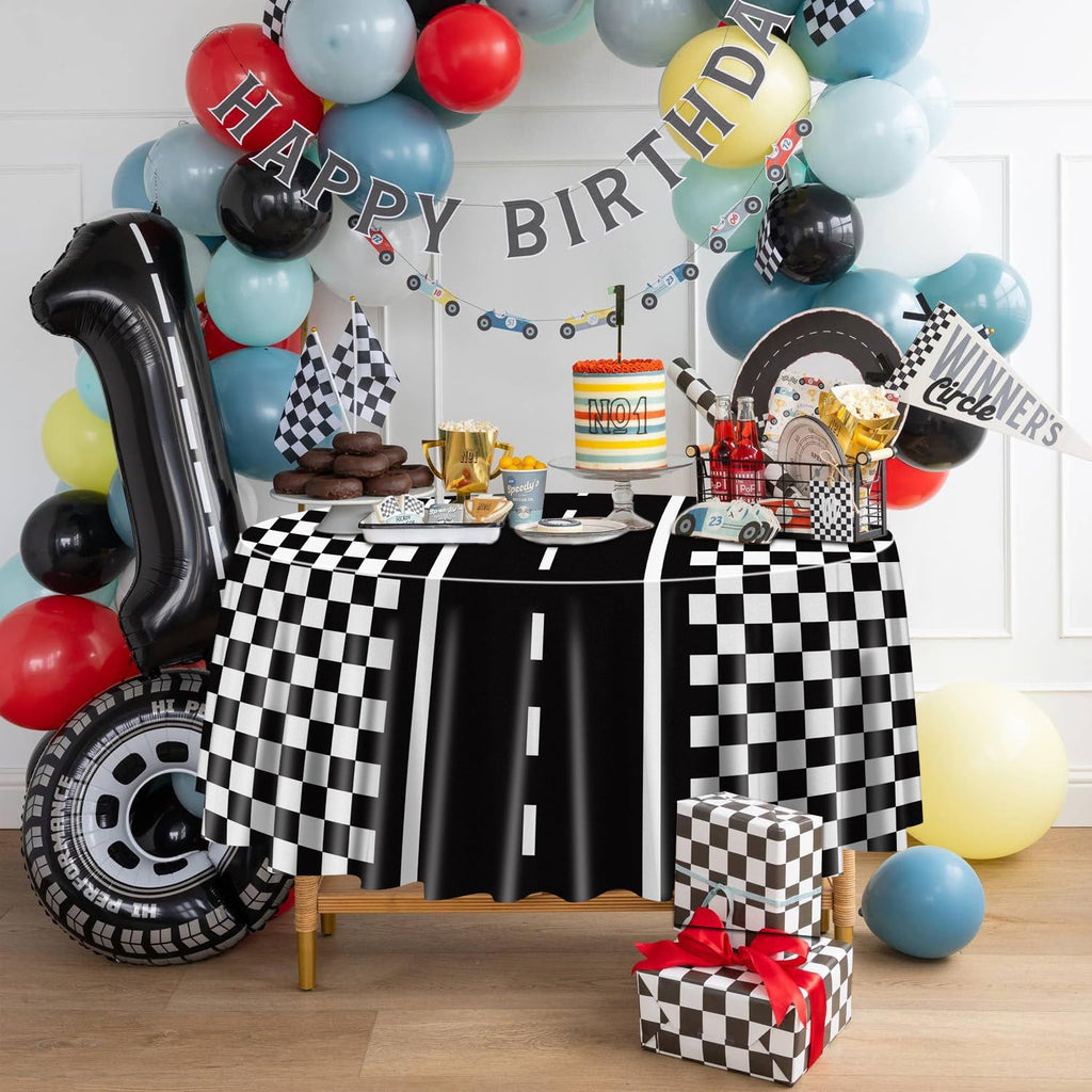 PIXHOTUL Racing Car Tablecloths for Round Table, Plastic Black Racetrack Tablecover for Kid's Birthday Racing Car Theme Party Fast One Two Fast Party, 84 x 84in