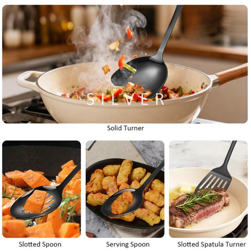 304 Stainless Steel Cooking Utensils Set,9PCS Metal Kitchen Utensils Set with Wooden Handle,Solid Spoon,Spatula,Ladle,Skimmer,Spaghetti Spoon,Dishwasher Safe(Black)