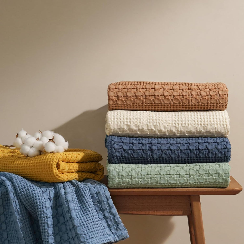 PHF 100% Cotton Waffle Weave Blanket - Soft, Lightweight & Breathable Queen Size | Luxury Home Decor, 90"x90", Light Taupe/Oatmeal