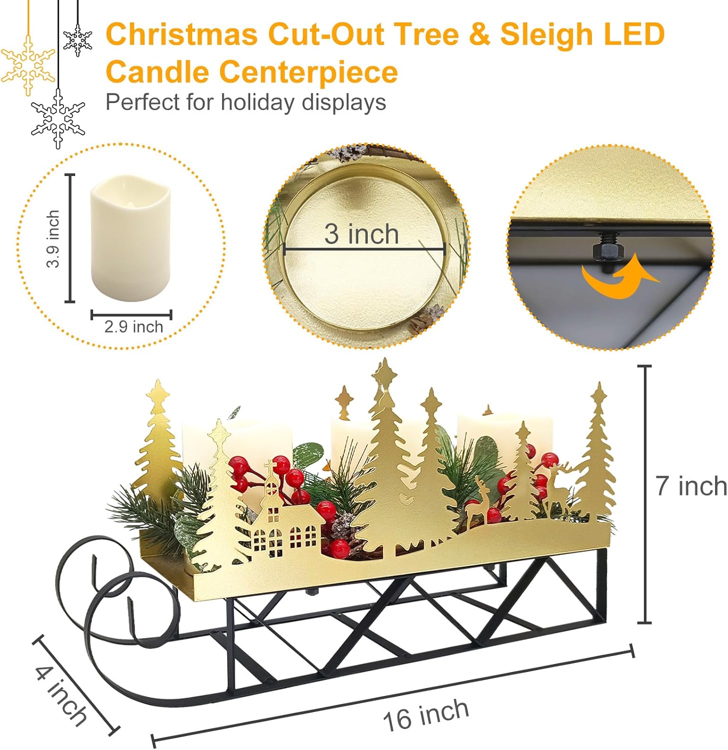 Skiennix Christmas Sleigh Table Centerpiece - Gold Cut-Out Tree LED Candle Holder with Timer | Holiday Decor