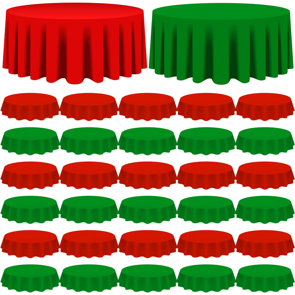 Amylove 48 Pcs Christmas Plastic Tablecloth 84 Inch Round Disposable Plastic Table Cloth Waterproof Decorative Table Cover for Parties Christmas Decor (Red,Green)