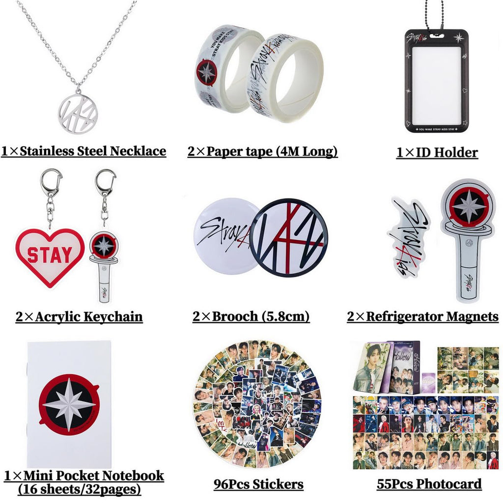 Yanmzmin Stray Merch Gifts Set, Including 55 Postcards, 96 Stickers, 2 Keychain, 2 Pins, 2 Paper Tape, 2 Fridge Magnet, ID Badge Holder, Pocket Notebook and Pendant for Skz's Stays Fans Gifts