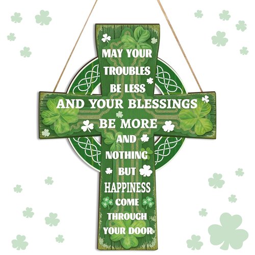 YGEINIT St Patrick's Day Door Wreath Decorations Happy Wooden St. Patrick's Day Sign Cross Lucky Shamrock Clover Irish Blessing Spring Decor for Wall Outdoor Home Party Living Room Decoration