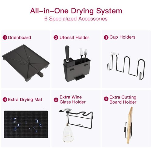 BOOSINY 2 Tier Black Large Stainless Steel Dish Drainers Drying Rack for Kitchen Counter with Drainboard, Rust Proof Metal, Space Saving, Modern Aesthetic, Compact Plates Strainers with Extra Mat
