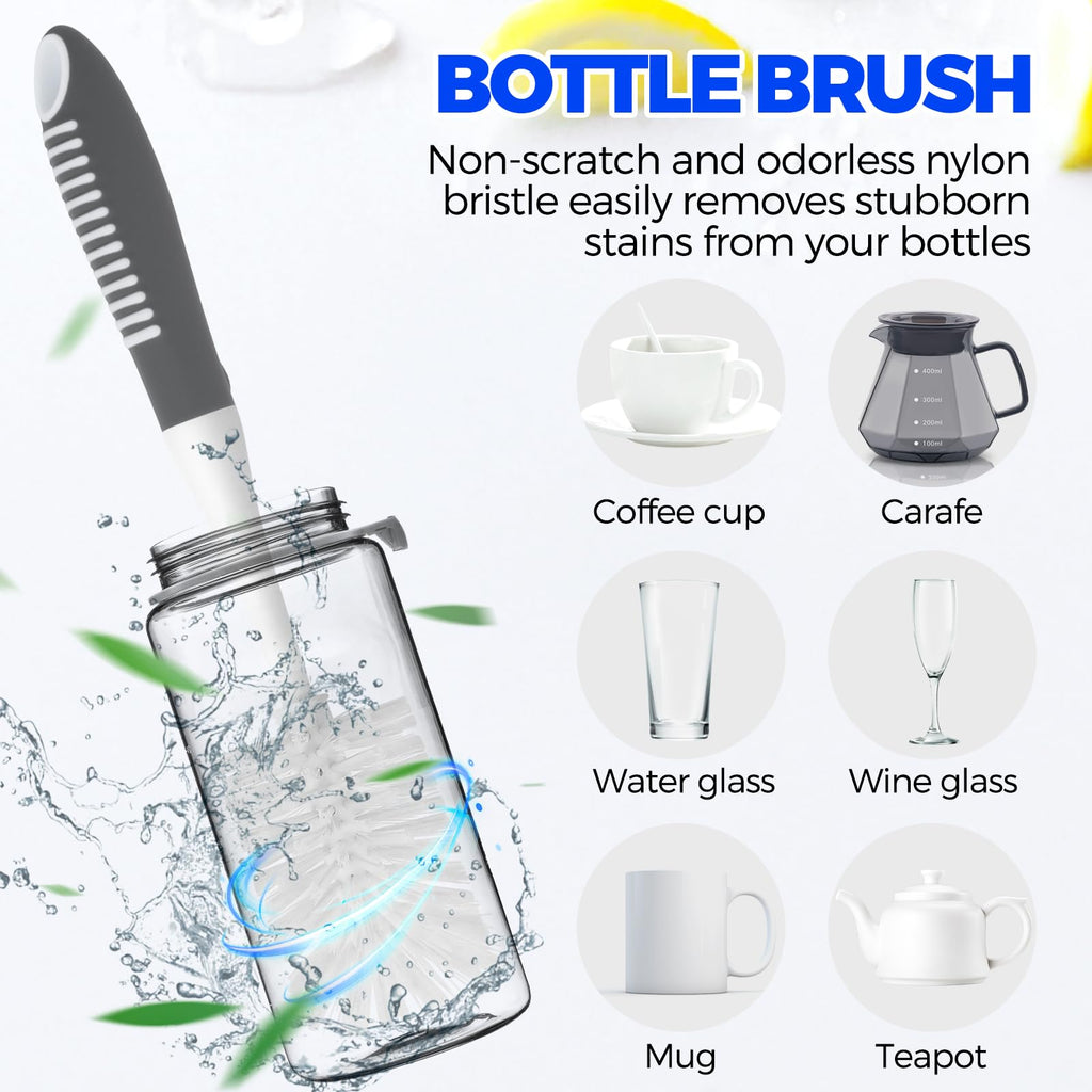 Holikme 6 Pack Dish Brush Set with Bottle Brush, Dish Scrub Brush, Pan Brush and 3 Straw Brushes, Deep Cleaning Handle Brush with Scraper Tip for Kitchen Sink Dishes Bottle Cup Pot and Pans (Gray)