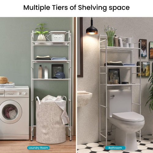 Home Zone Living Over-The-Toilet Bathroom Storage Organizer with 3-Tier Shelves and Adjustable Feet, Freestanding Steel Frame Design, White
