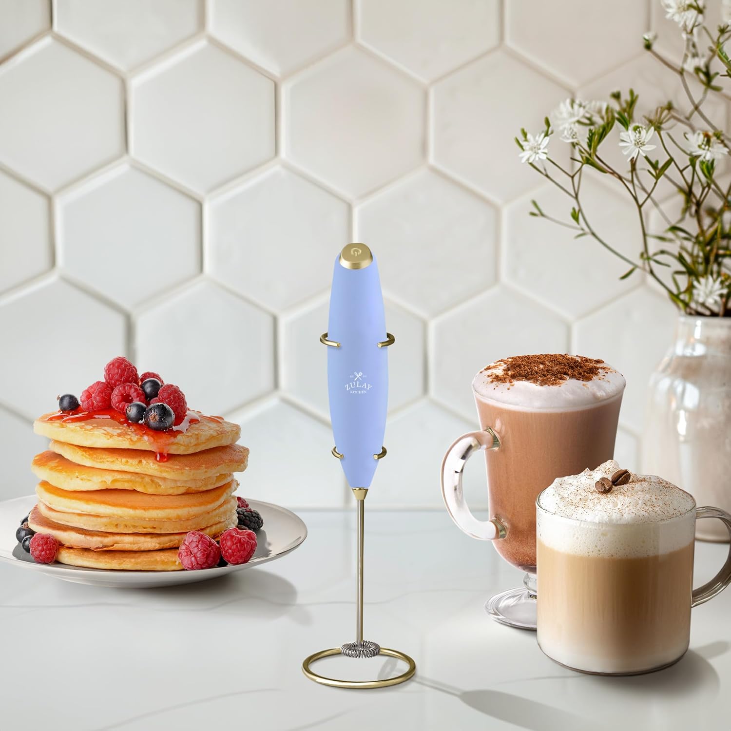 Zulay Kitchen Milk Frother Wand - Ultra-Fast Handheld Drink Mixer with 4 AA Batteries - Blue & Gold