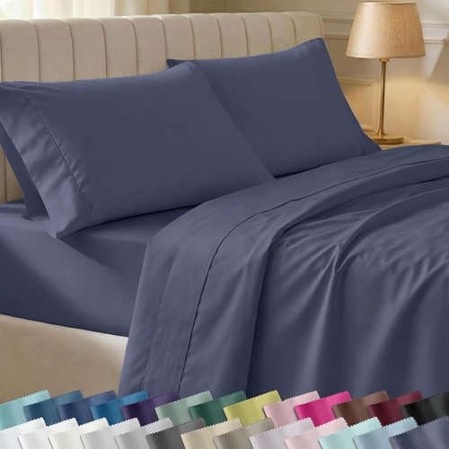 California Design Den King Size Bed Sheets Set - 100% Cotton, 400 TC, Smooth Sateen, Deep Pockets - Indigo Dusty Blue