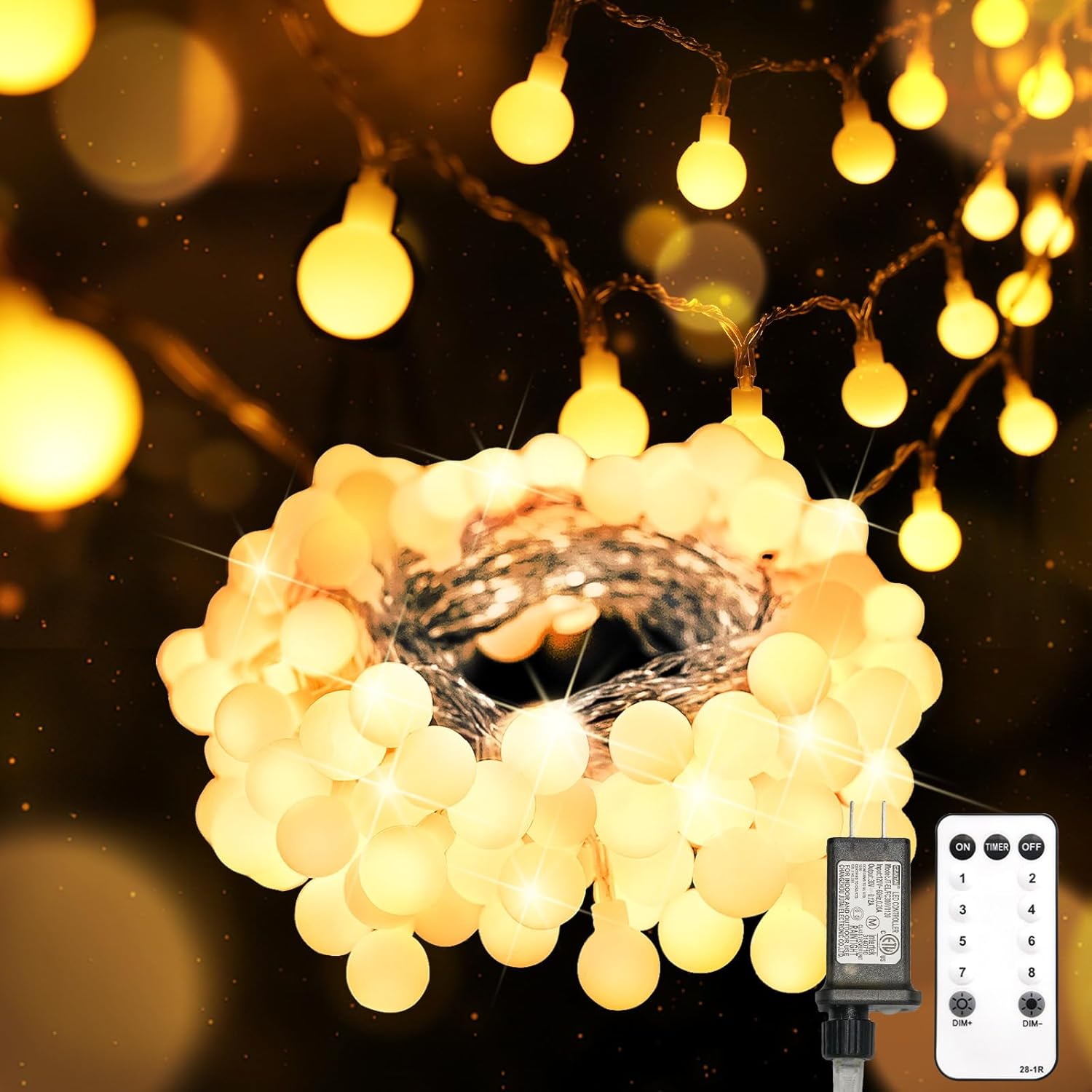 Suddus Globe String Lights - 33ft 100 LED Indoor/Outdoor Fairy Lights with Remote | Warm White