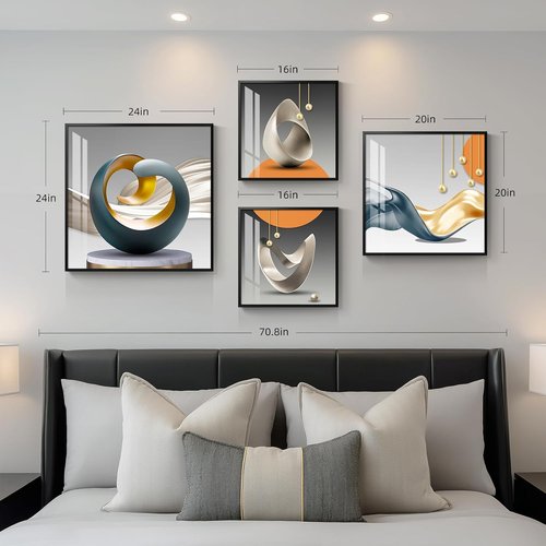 Abstract Luxury Geometric Wall Art Set by [Brand Name] - 4 Framed Prints in Orange, Gray & Gold for Modern Living Spaces