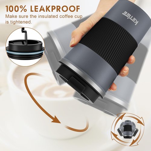KETIEE Travel Coffee Mug - Spill Proof 12oz Insulated Stainless Steel Tumbler for Hot/Iced Drinks | Grey