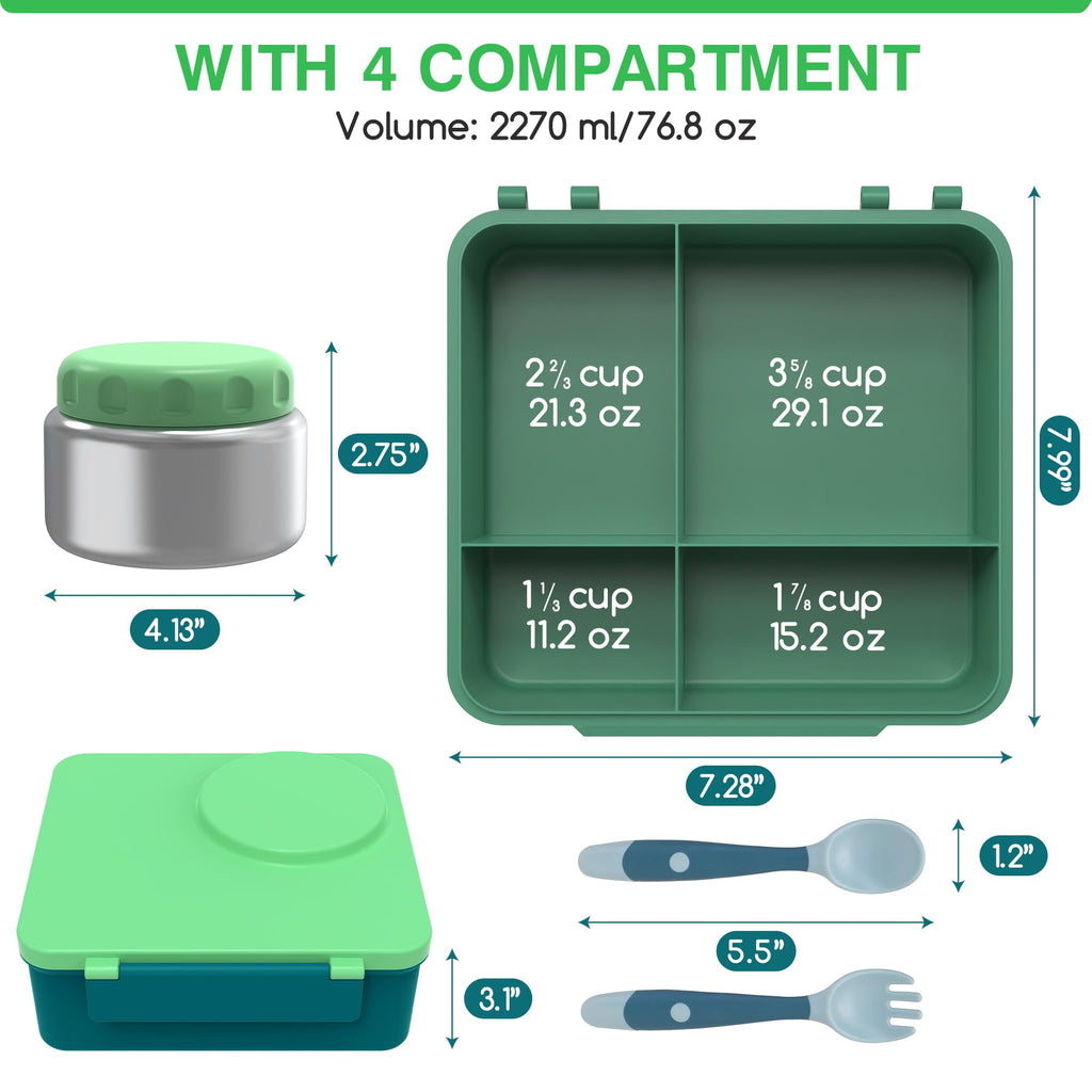 JoyYum Bento Box for Kids - Leak-Proof Bento Lunch Box with Insulated Thermos Food Jar - 4 Compartments, 1 Removable Divider, 1Spoon, 1 Fork - Dishwasher Safe, BPA-Free (Green)