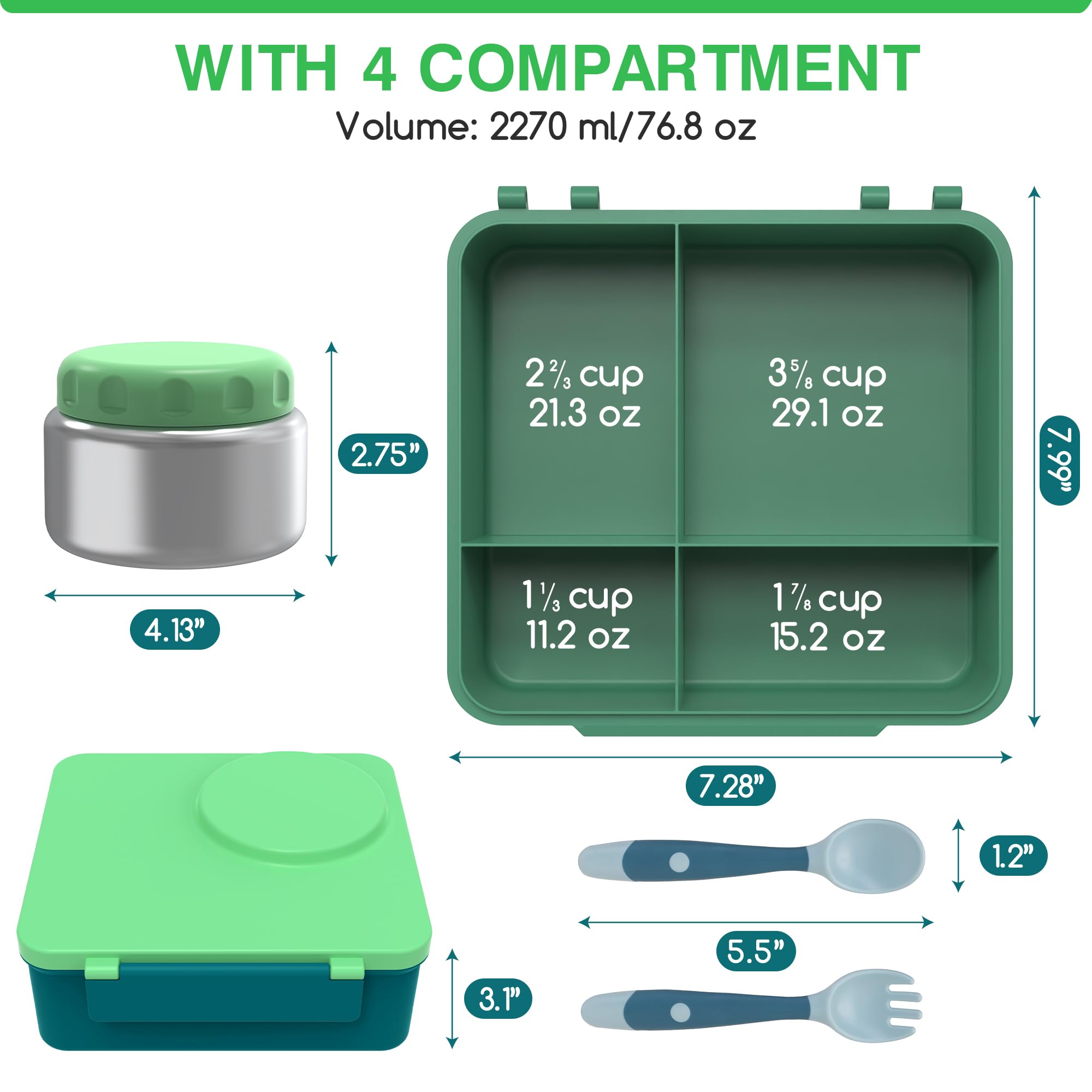 JoyYum Bento Box for Kids - Leak-Proof Bento Lunch Box with Insulated Thermos Food Jar - 4 Compartments, 1 Removable Divider, 1Spoon, 1 Fork - Dishwasher Safe, BPA-Free (Green)