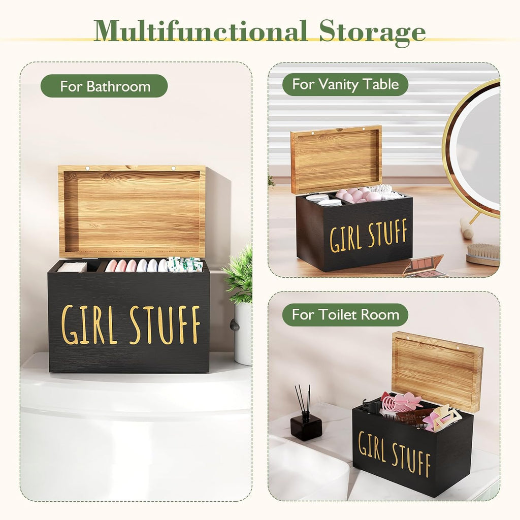 Skiennix Tampon Holder - Stylish Bathroom Organizer with Hinged Lid | Black Feminine Storage Box