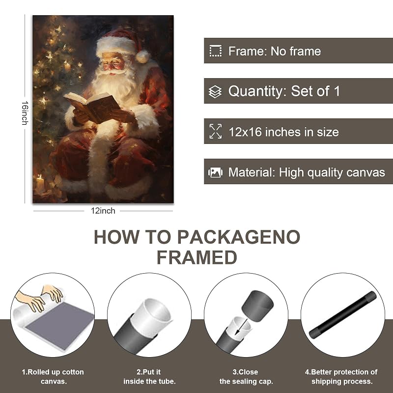 Vintage Santa Reading Canvas Wall Art – 12x16in, Unframed, Claus Variation