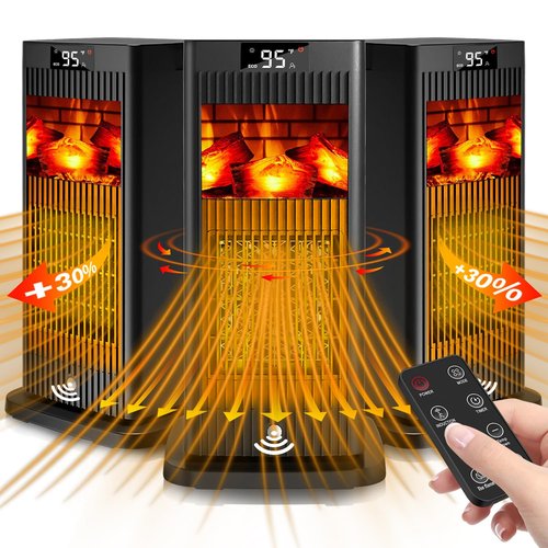 Space Heater, 2024 Small Space Heaters for Indoor Use, Oscillating Electric Heater with Infrared Sensor & 3D Flame Effect as Mini Fireplace, 1500W ECO Portable Heater for Office/Bedroom/Home/Garage