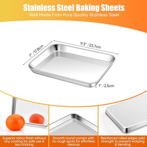 Homikit Baking Sheet Set - 2 Pack Stainless Steel Cookie Trays, 9 x 7 Inches, Non-Stick & Dishwasher Safe
