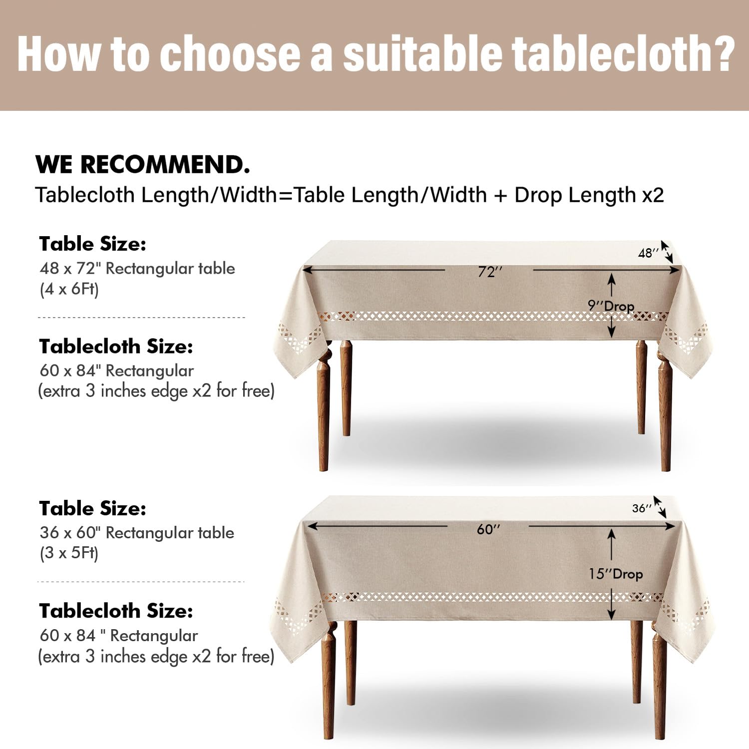 MIULEE Beige Rectangle Polyester Tablecloth with Decorative Cutouts Spring Waterproof Stain Resistant & Shrink-Proof Table Cloth 60x84 inch Farmhouse Style for Dining Wedding and Outdoor