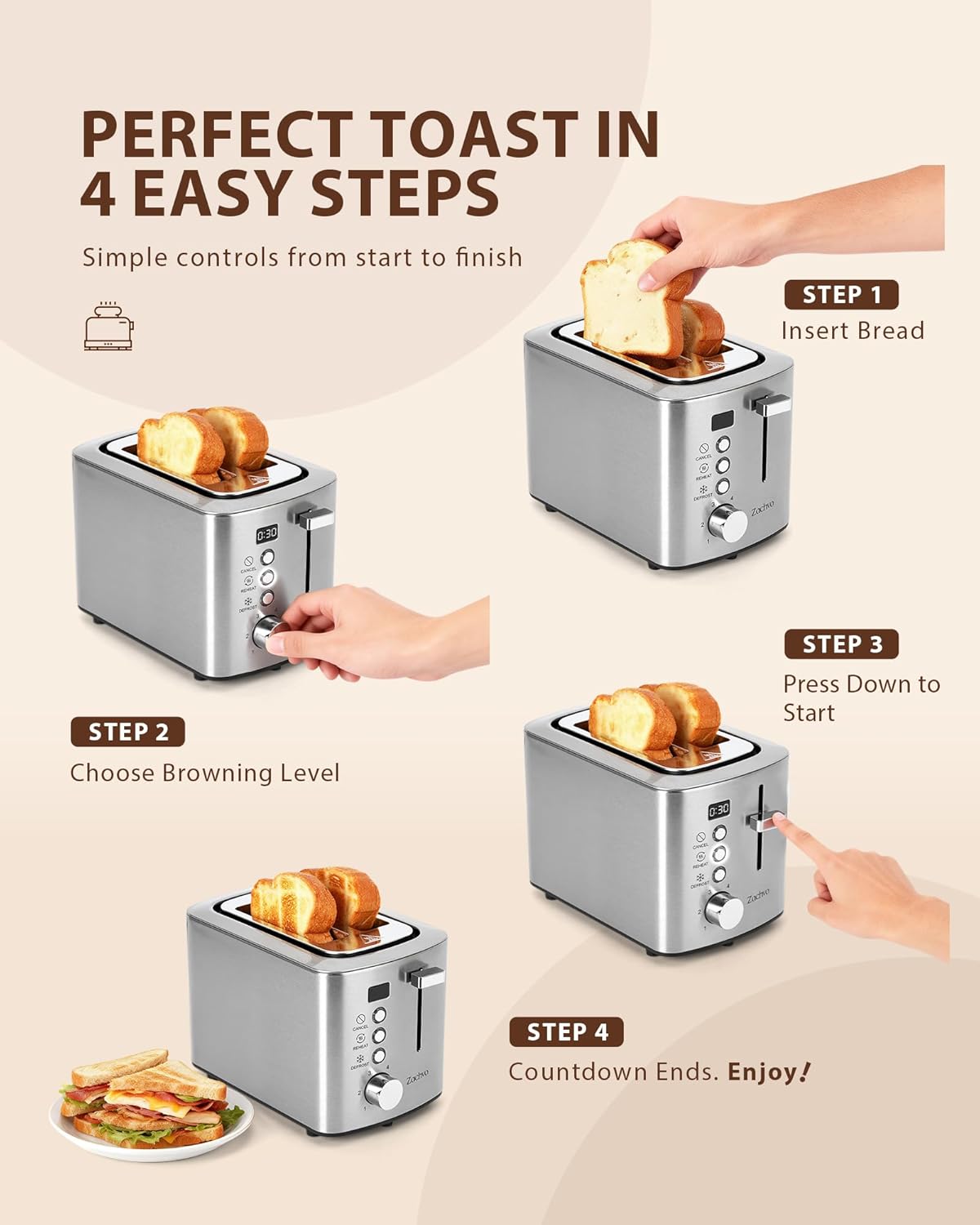 Skiennix 2-Slice Toaster - Wide Slots for Bread & Bagels | Stainless Steel, Digital Countdown, 6 Shade Settings