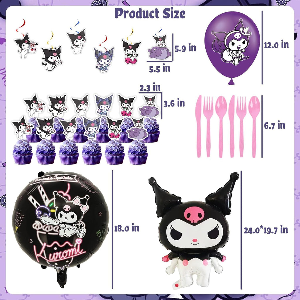 121Pieces Kuromi Birthday Party Decorations, Kids Cute Cartoon Party Supplies Include Happy Birthday Banner, Balloons, Tablecloth, Plates, Cupcake Toppers for Girls,Backdrop,