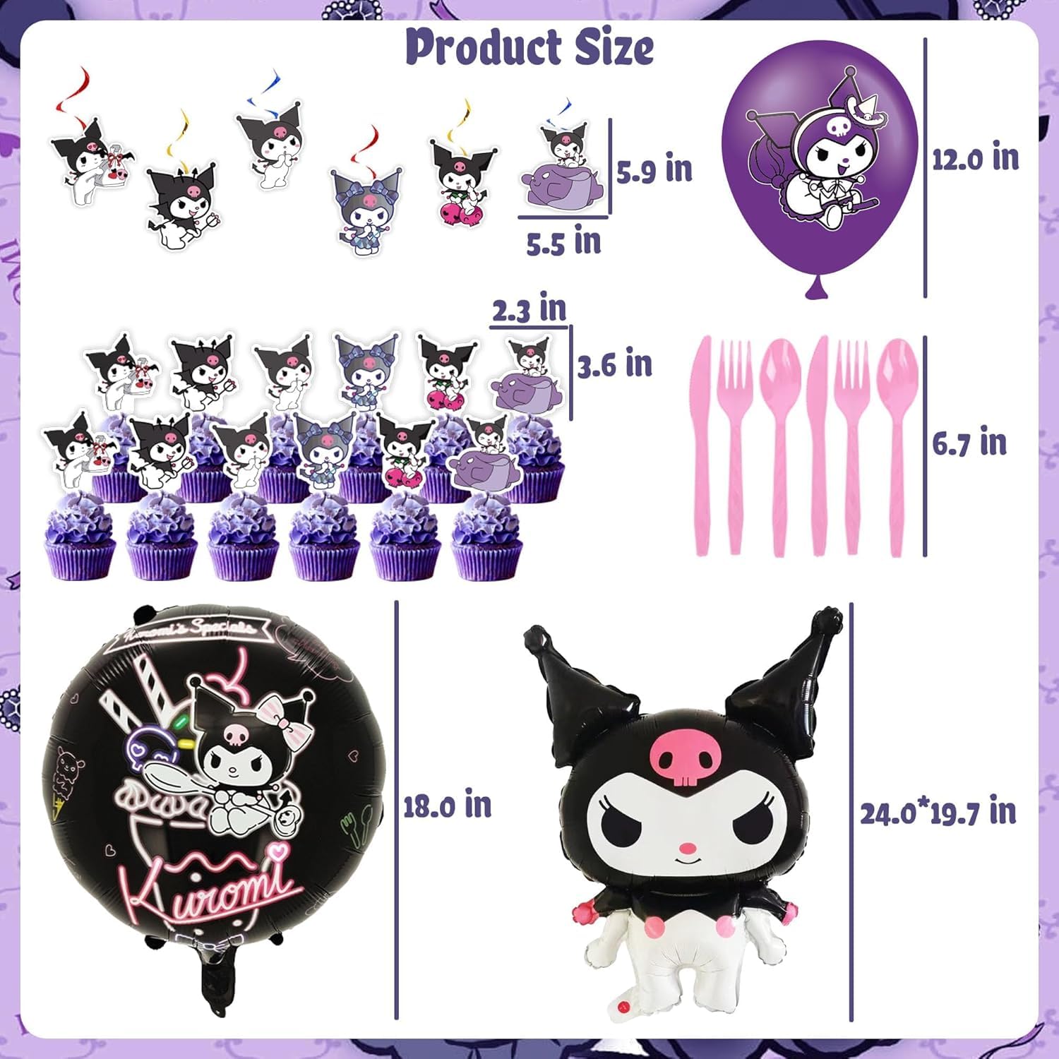 121Pieces Kuromi Birthday Party Decorations, Kids Cute Cartoon Party Supplies Include Happy Birthday Banner, Balloons, Tablecloth, Plates, Cupcake Toppers for Girls,Backdrop,