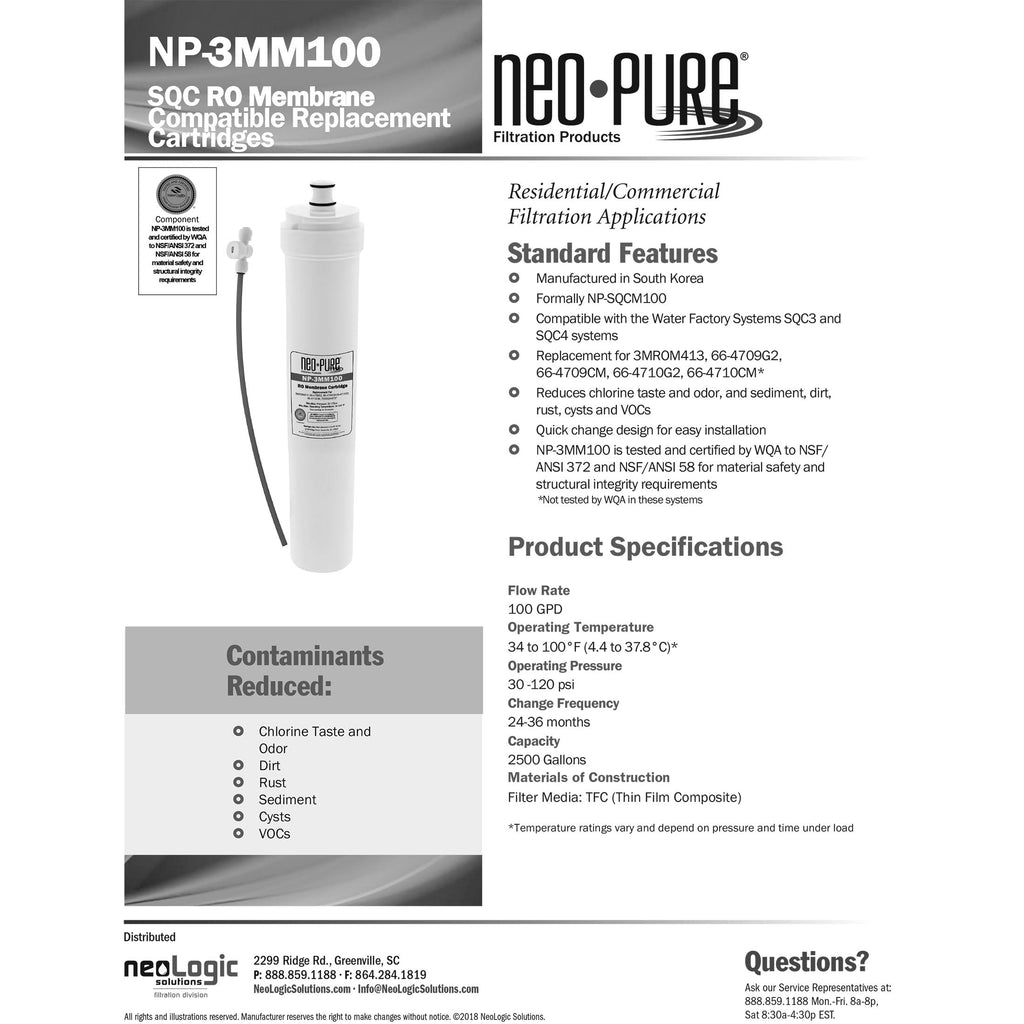 Neo-Pure NP-3MM30 SQC Compatible Membrane 30GPD Replaces the Water Factory Systems 66-4706G2 Filter Cartridge, used in the Water Factory Systems SQC3 and SQC4 RO Systems. (Compatible Membrane, 30 GPD)