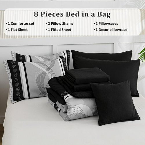 Anibedding Black Comforter Set California King Size,8 Pieces Boho Bed in a Bag Patchwork Striped Comforter Set, Soft Microfiber Bedding Set for All Season(104"x96")