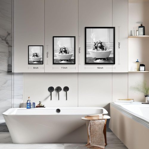 Chimpanzee in Bathtub Wall Art by [Brand Name] - Framed Black and White Bathroom Decor | Cute 8"x10" Print