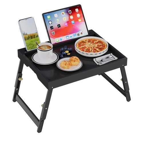 Artmeer Bed Tray Table with Folding Legs, Bamboo Breakfast Food Tray with Media Slot, Use As Platter, Laptop Desk, Snack, TV Tray Kitchen Serving Tray (Black Large Adjustable Legs)