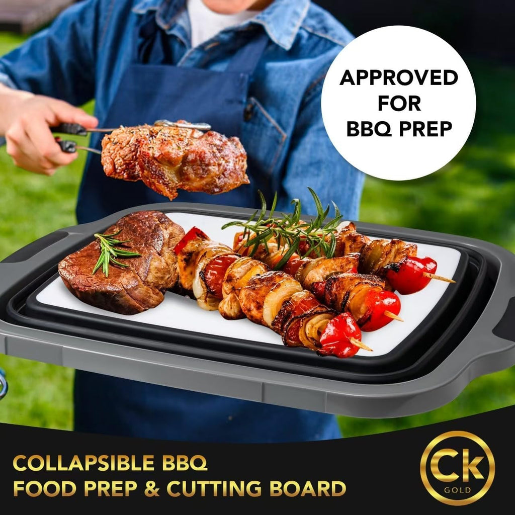 CK GOLD New XL Collapsible BBQ Prep Tub with LOCKING Lid, Cutting Board & Drain Hole | BPA-Free, Food-Grade, Space-Saving Marinating Container for Grilling, Kitchen & Outdoor Cooking (Black, 30 L)