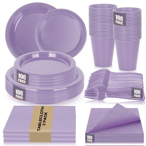 CLIYTICA Lavender Plastic Plates for Party,100 Guest - 7&9inch Plate,Napkins,Forks,12 oz Cups & Tablecloths,Disposable Party Supplies for Baby Shower,Wedding, Birthday,Afternoon Tea Partys