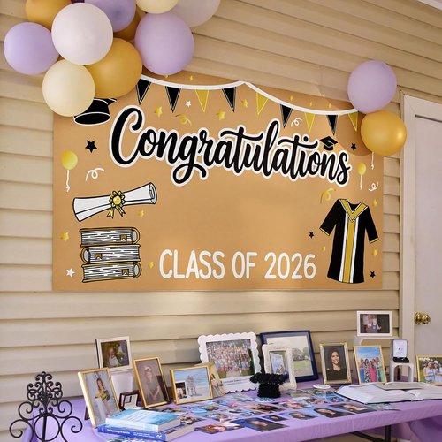 2026 Graduation Decorations | Black and Gold DIY Banner - 61 x 32 Inch Congrats Photo Backdrop