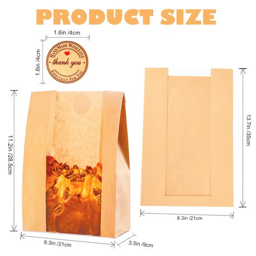 Homrelaxy 240pcs Paper Bread Bags for Homemade Bread, Sourdough Bag with Window, 13.7 x 8.3 x 3.5 Inch Large Brown Kraft Bakery Bags for Storing Loaves & Snacks, Includes 250 Sealing Stickers
