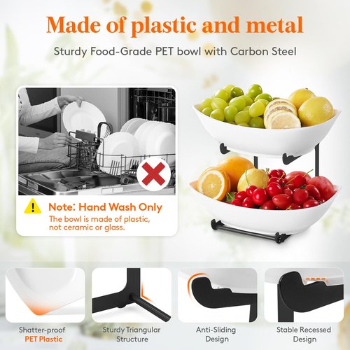Lifewit Plastic Fruit Bowl for Kitchen Counter, 2 Tier Fruit Basket with Gold Metal Stand, Tiered Fruit Holder for Countertop Serving Tray for Vegetable/Dessert in Party 28 x 21 x 23cm/11 x 8.4 x 9