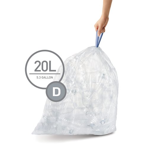 simplehuman Code D Custom Fit Drawstring Trash Bags in Dispenser Packs, 60 Count, 20 Liter / 5.3 Gallon, Clear