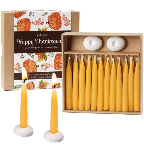 DEYBBY 20 Minute Beeswax Meditation Candles for Thanksgiving - 24pcs Mini Beeswax Taper Candle Gift Set with 2 Small Candle Holders