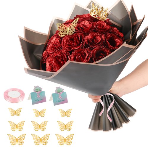 iMXPW Glitter Roses Bouquet, 24 Roses DIY Fake Glitter Flowers Bouquet, Everlasting Shiny Artificial Red Rose Bouquet for Mothers Day Gifts, Anniversary, Engagement, Wedding (Red)