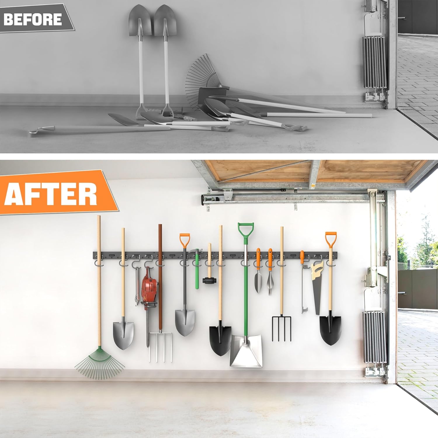 TORACK Wall Mounted Mop & Broom Holder - Garden Tool Organizer with 4 Tracks & 16 Hooks