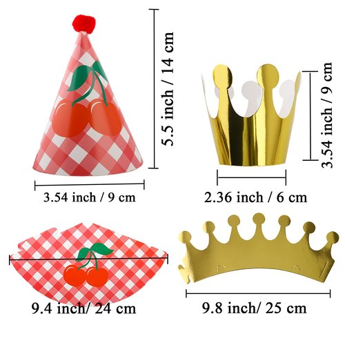 Inxens Mini Party Hats for Kids, 11 Piece Birthday Cone Hats for Stuffed Animals and Pets, 9 Paper Cones and 2 Crowns, DIY Assembly with Pom Poms, Cute Cherry Smiley Design
