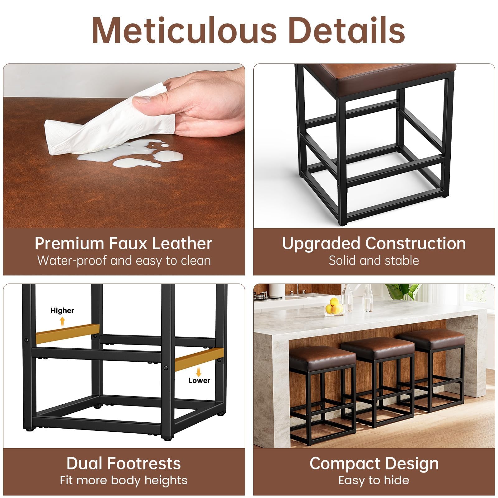 Raynesys Counter Height Bar Stools Set of 2, 24" Barstools for Kitchen Countertop, Faux Leather Counter Stools with Thick Square Seats & Sturdy Metal Base, Simple Assembly, Brown