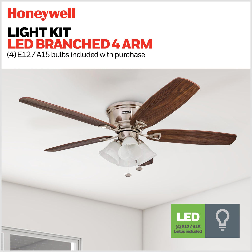 Honeywell Ceiling Fans Glen Alden, 52 Inch Classic Flush Mount Indoor LED Ceiling Fan with Light, Pull Chain, Quick-2-Hang Dual Finish Blades, Reversible Motor - 50182 (Brushed Nickel)