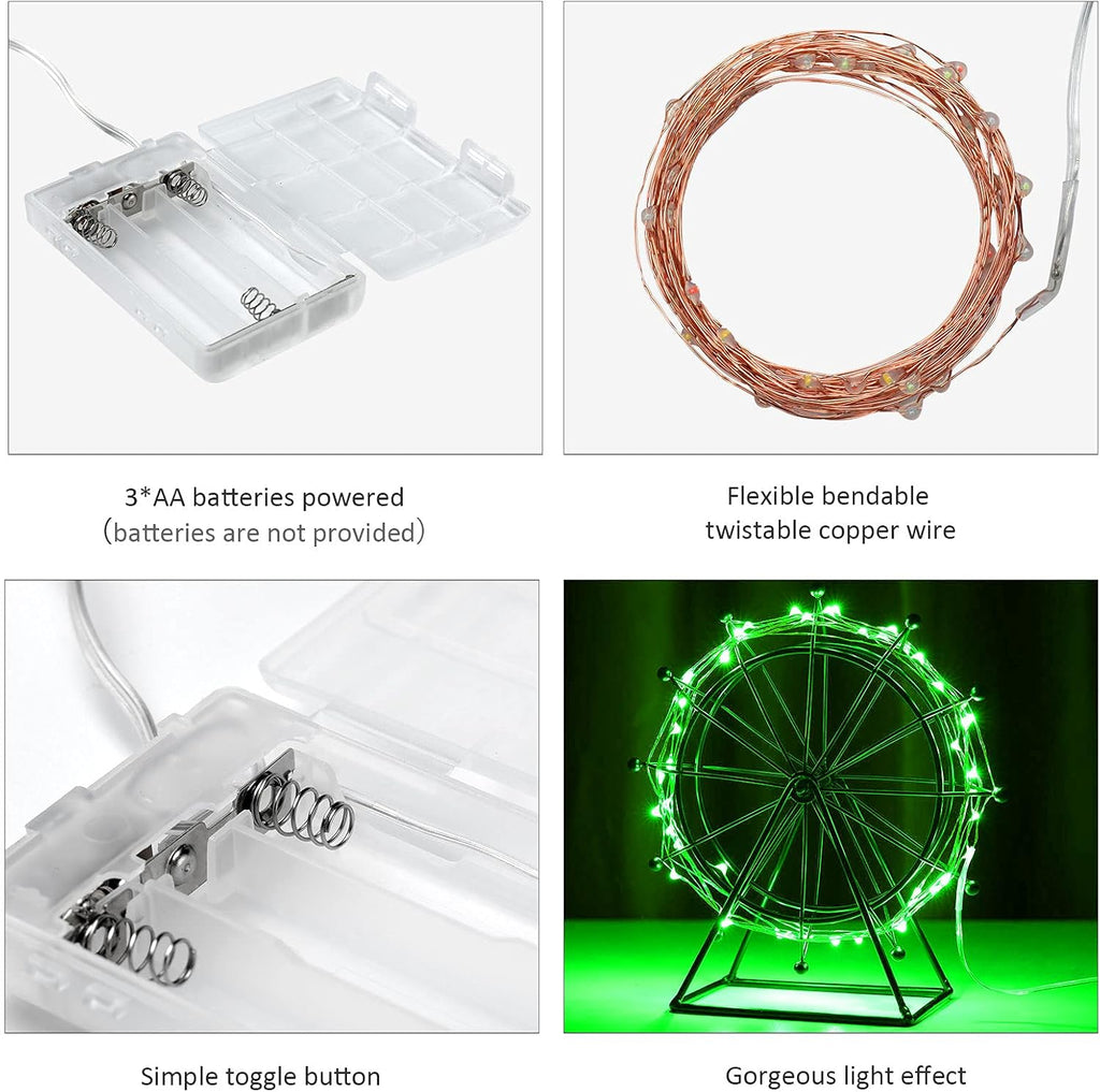 Ariceleo Mini Fairy Lights - Battery Operated Copper Wire String Lights | 4 Pack, 16ft Green for St. Patrick's Day & Decor