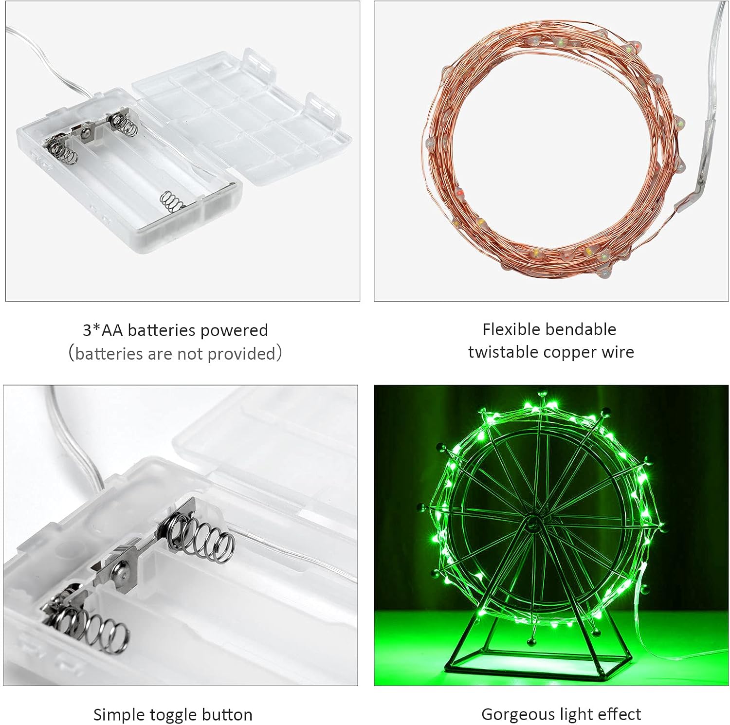 Ariceleo Mini Fairy Lights - Battery Operated Copper Wire String Lights | 4 Pack, 16ft Green for St. Patrick's Day & Decor